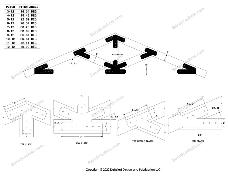 5 inch steel timber truss plate kit for 8 inch timber beams.  King post truss with diagonal chords.  Designed with overhang ends and chamfered corners.  Dimensions are for a 5-12 pitch roof.