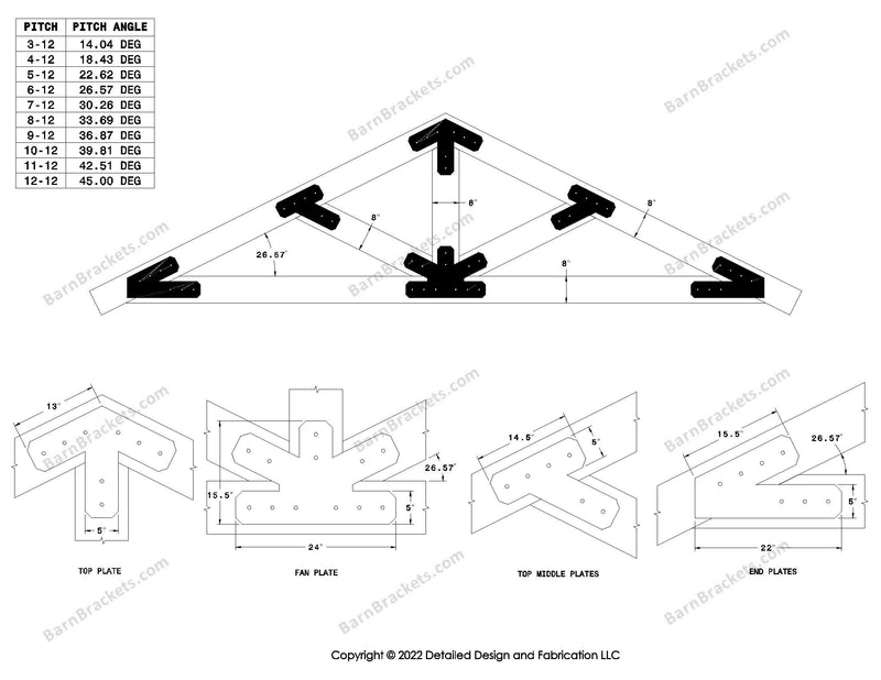 5 inch steel timber truss plate kit for 8 inch timber beams.  King post truss with diagonal chords.  Designed with overhang ends and chamfered corners.  Dimensions are for a 6-12 pitch roof.