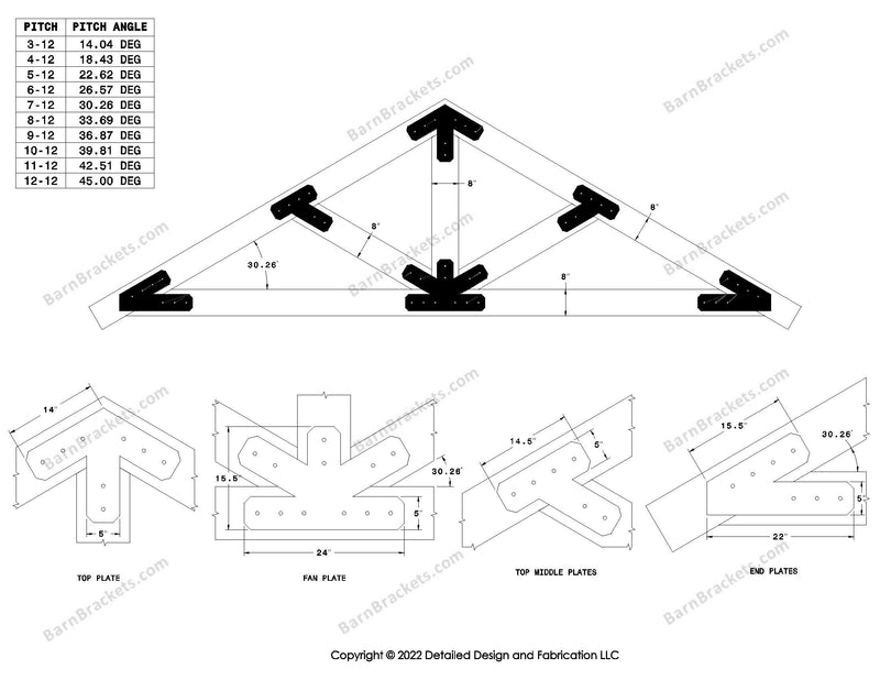 5 inch steel timber truss plate kit for 8 inch timber beams.  King post truss with diagonal chords.  Designed with overhang ends and chamfered corners.  Dimensions are for a 7-12 pitch roof.