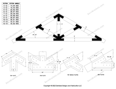 5 inch steel timber truss plate kit for 8 inch timber beams.  King post truss with diagonal chords.  Designed with overhang ends and square corners.  Dimensions are for a 7-12 pitch roof.