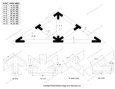 5 inch steel timber truss plate kit for 8 inch timber beams.  King post truss with diagonal chords.  Designed with overhang ends and chamfered corners.  Dimensions are for a 8-12 pitch roof.