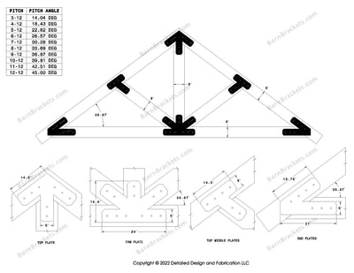 5 inch steel timber truss plate kit for 8 inch timber beams.  King post truss with diagonal chords.  Designed with overhang ends and chamfered corners.  Dimensions are for a 9-12 pitch roof.