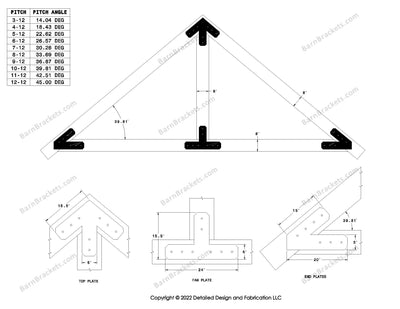 5 inch steel timber truss plate kit for 8 inch timber beams.  King post only truss.  Designed with overhang ends and chamfered corners.  Dimensions are for a 10-12 pitch roof.