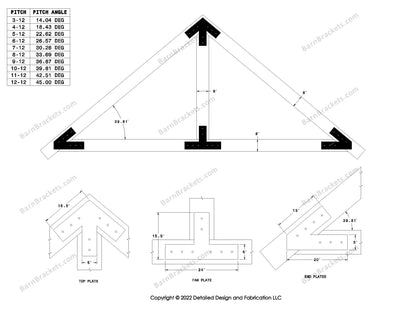 5 inch steel timber truss plate kit for 8 inch timber beams.  King post only truss.  Designed with overhang ends and square corners.  Dimensions are for a 10-12 pitch roof.