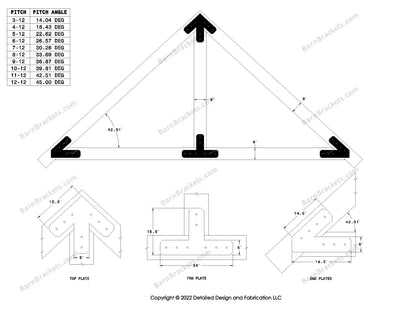 5 inch steel timber truss plate kit for 8 inch timber beams.  King post only truss.  Designed with overhang ends and chamfered corners.  Dimensions are for a 11-12 pitch roof.