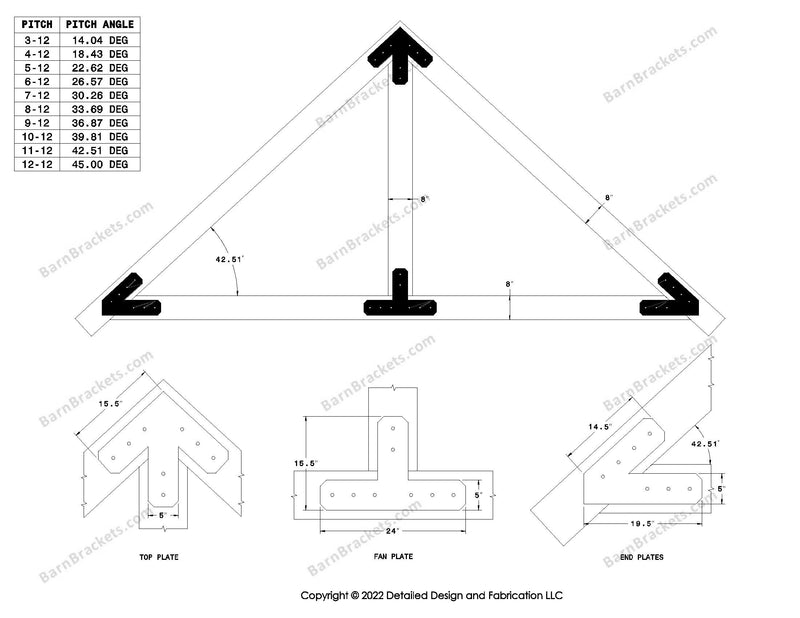 5 inch steel timber truss plate kit for 8 inch timber beams.  King post only truss.  Designed with overhang ends and chamfered corners.  Dimensions are for a 11-12 pitch roof.