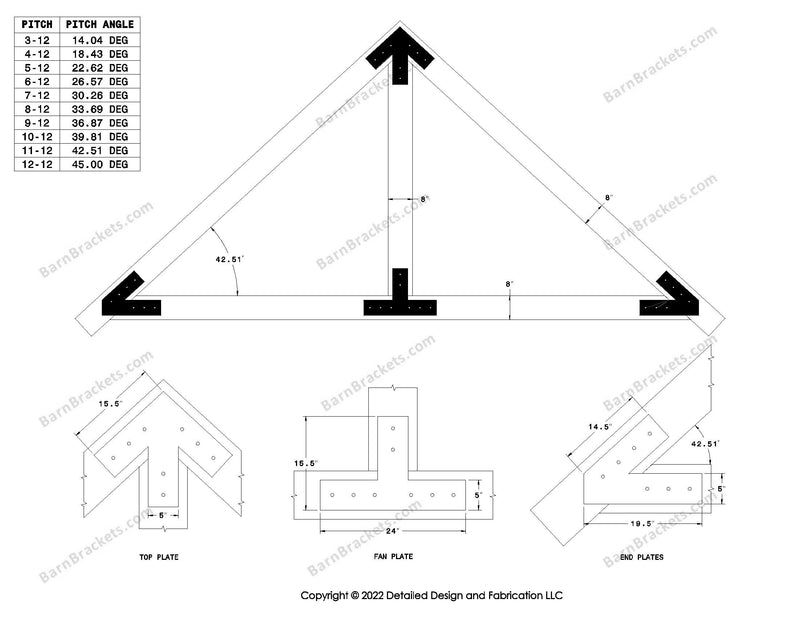 5 inch steel timber truss plate kit for 8 inch timber beams.  King post only truss.  Designed with overhang ends and square corners.  Dimensions are for a 11-12 pitch roof.