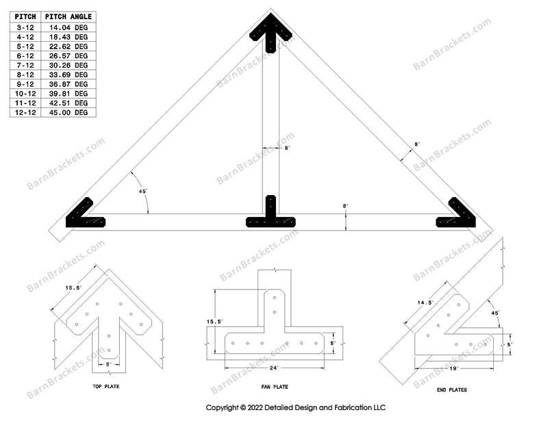 5 inch steel timber truss plate kit for 8 inch timber beams.  King post only truss.  Designed with overhang ends and chamfered corners.  Dimensions are for a 12-12 pitch roof.