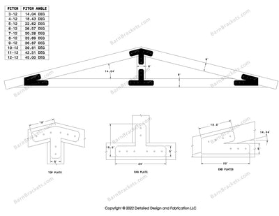 5 inch steel timber truss plate kit for 8 inch timber beams.  King post only truss.  Designed with overhang ends and chamfered corners.  Dimensions are for a 3-12 pitch roof.