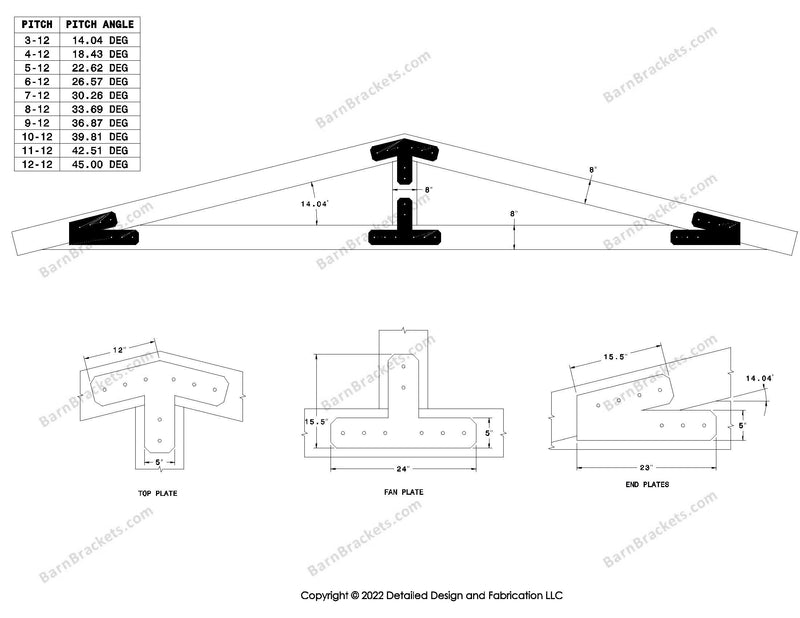 5 inch steel timber truss plate kit for 8 inch timber beams.  King post only truss.  Designed with overhang ends and chamfered corners.  Dimensions are for a 3-12 pitch roof.