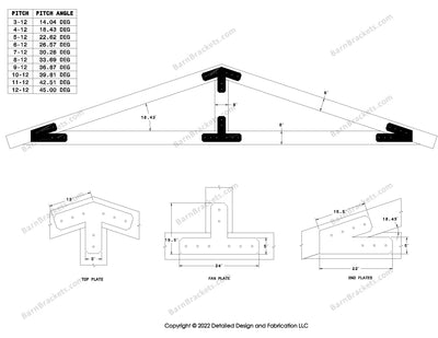 5 inch steel timber truss plate kit for 8 inch timber beams.  King post only truss.  Designed with overhang ends and chamfered corners.  Dimensions are for a 4-12 pitch roof.