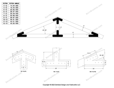 5 inch steel timber truss plate kit for 8 inch timber beams.  King post only truss.  Designed with overhang ends and chamfered corners.  Dimensions are for a 5-12 pitch roof.