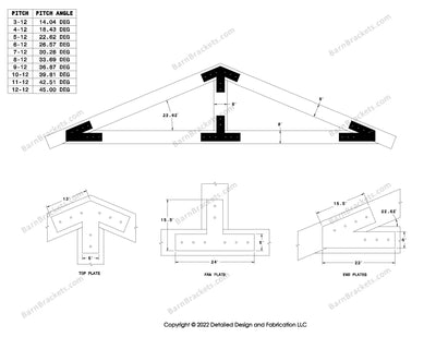 5 inch steel timber truss plate kit for 8 inch timber beams.  King post only truss.  Designed with overhang ends and square corners.  Dimensions are for a 5-12 pitch roof.