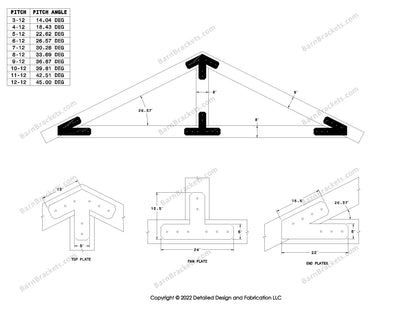 5 inch steel timber truss plate kit for 8 inch timber beams.  King post only truss.  Designed with overhang ends and chamfered corners.  Dimensions are for a 6-12 pitch roof.