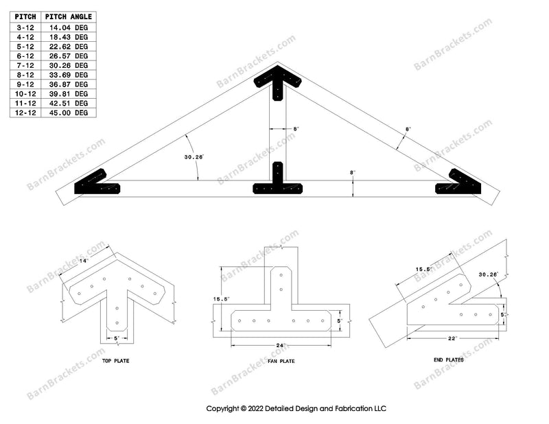 5 inch steel timber truss plate kit for 8 inch timber beams.  King post only truss.  Designed with overhang ends and chamfered corners.  Dimensions are for a 7-12 pitch roof.