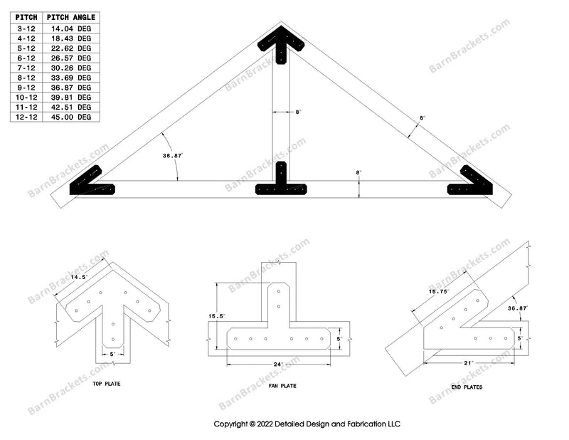 5 inch steel timber truss plate kit for 8 inch timber beams.  King post only truss.  Designed with overhang ends and chamfered corners.  Dimensions are for a 9-12 pitch roof.