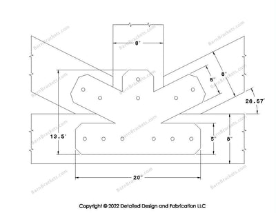 Fan Brackets for 8 inch beams - 5 inch Regular centered joint - Chamfered - Centered style holes - BarnBrackets.com