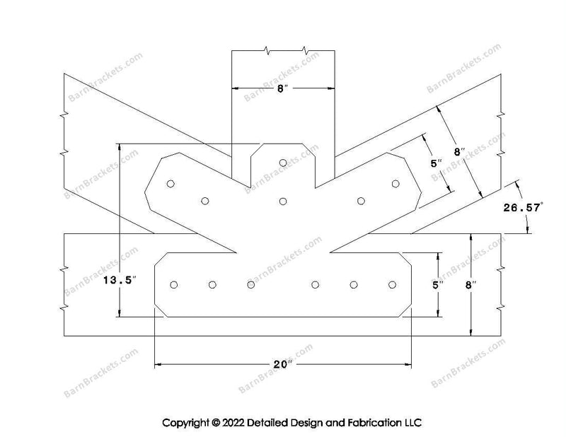 Fan Brackets for 8 inch beams - 5 inch Regular centered joint - Chamfered - Centered style holes - BarnBrackets.com