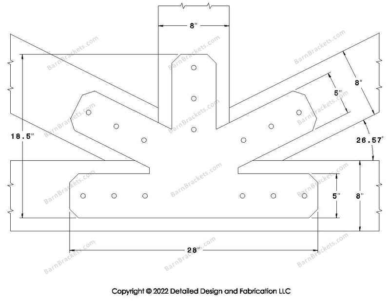 Fan Brackets for 8 inch beams - 5 inch Large centered joint - Chamfered - Centered style holes - BarnBrackets.com