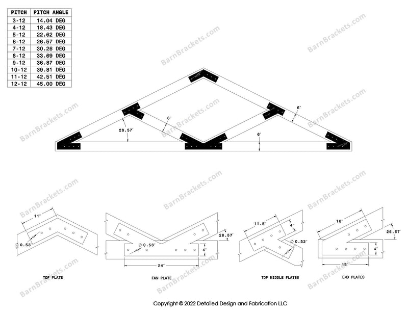 4 inch V style timber truss bracket set  for a 6-12 pitch roof with square corners.