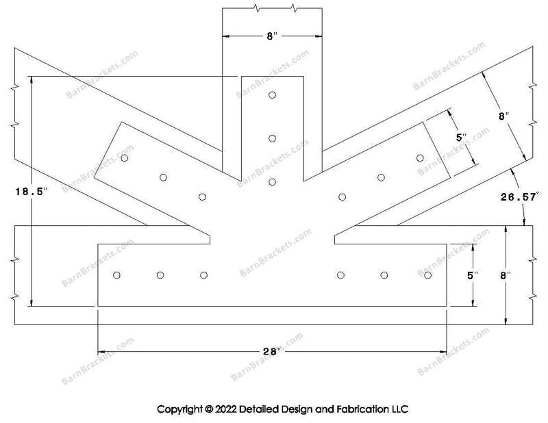 Fan Brackets for 8 inch beams - 5 inch Large centered joint - Square - Centered style holes - BarnBrackets.com