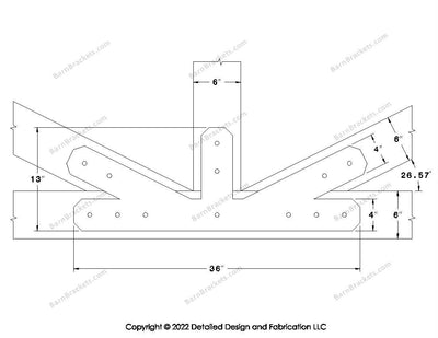 Fan Brackets for 6 inch beams - 4 inch Regular offset bottom joint - Chamfered - Centered style holes - BarnBrackets.com