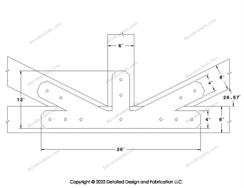 Fan Brackets for 6 inch beams - 4 inch Regular offset bottom joint - Chamfered - Centered style holes - BarnBrackets.com