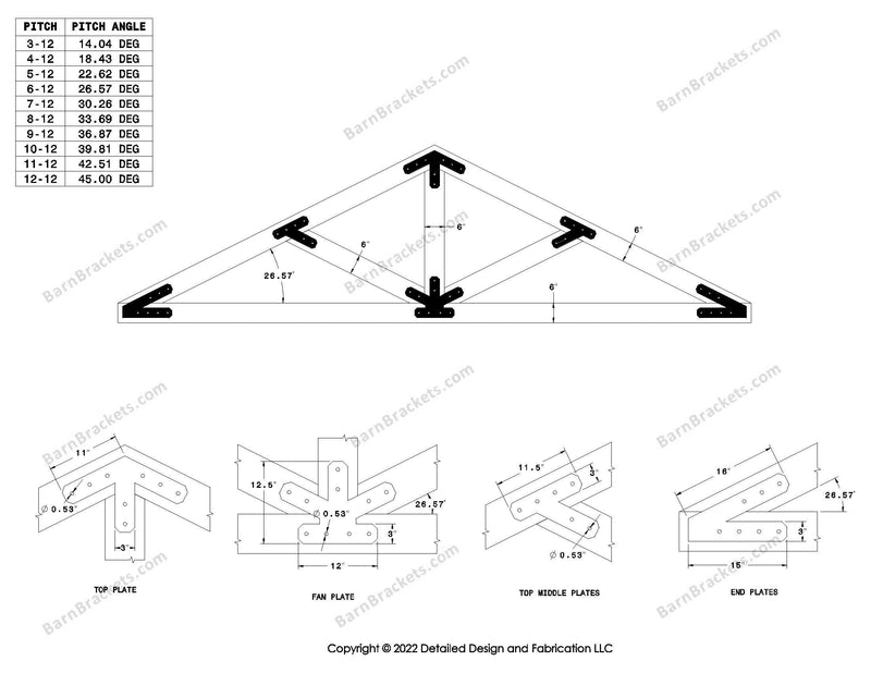 Steel timber truss bracket set for a 6/12 pitch roof.