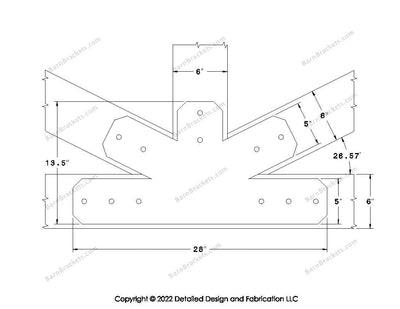 Fan Brackets for 6 inch beams - 5 inch Wide centered joint - Chamfered - Centered style holes - BarnBrackets.com