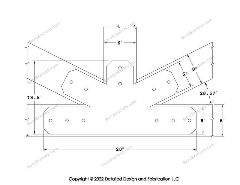 Fan Brackets for 6 inch beams - 5 inch Wide centered joint - Chamfered - Centered style holes - BarnBrackets.com