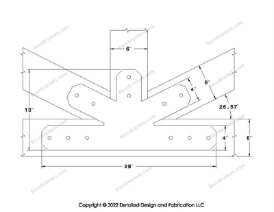 Fan Brackets for 6 inch beams - 4 inch Wide centered joint - Chamfered - Centered style holes - BarnBrackets.com