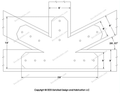 Fan Brackets for 8 inch beams - 6 inch Large centered joint - Chamfered - Centered style holes - BarnBrackets.com