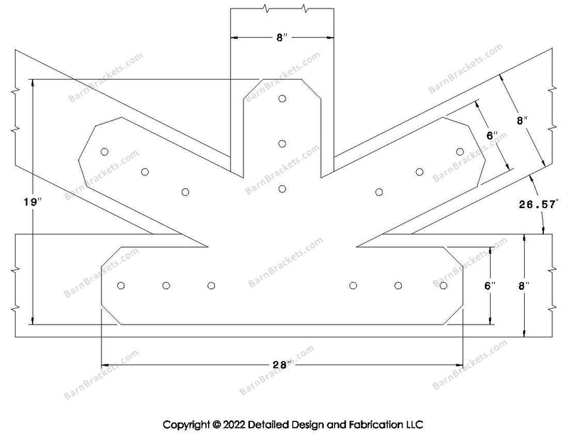 Fan Brackets for 8 inch beams - 6 inch Large centered joint - Chamfered - Centered style holes - BarnBrackets.com