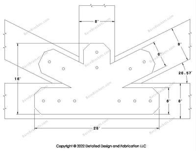 Fan Brackets for 8 inch beams - 6 inch Regular centered joint - Chamfered - Centered style holes - BarnBrackets.com