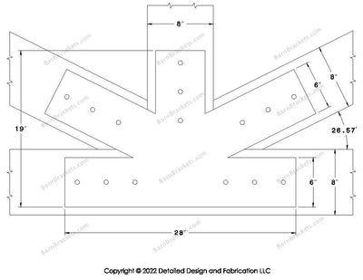 Fan Brackets for 8 inch beams - 6 inch Large centered joint - Square - Centered style holes - BarnBrackets.com