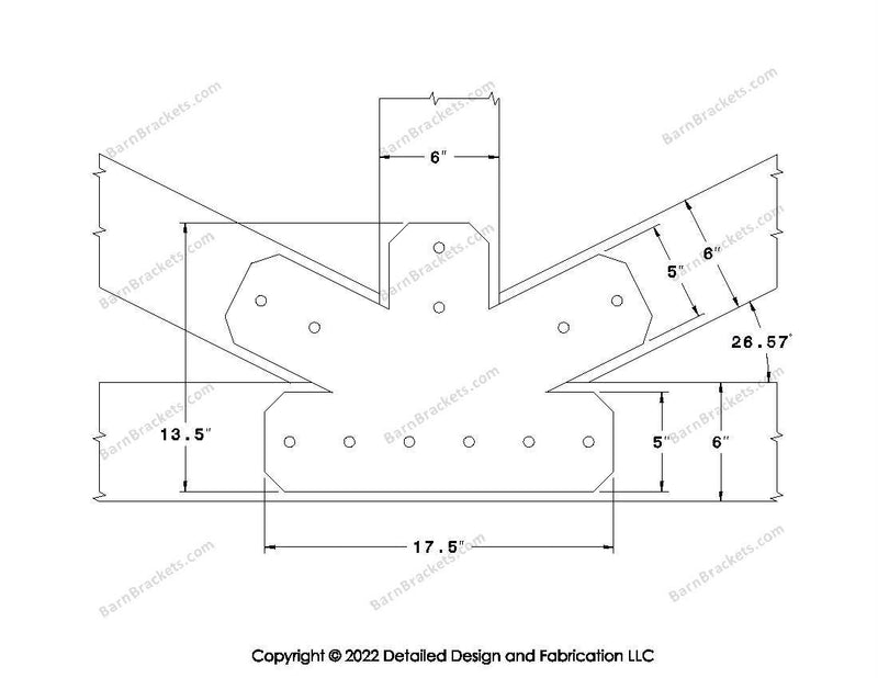 Fan Brackets for 6 inch beams - 5 inch Regular centered joint - Chamfered - Centered style holes - BarnBrackets.com