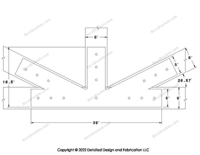 Fan Brackets for 6 inch beams - 5 inch Large offset bottom joint - Square - Centered style holes - BarnBrackets.com