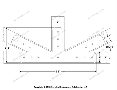 Fan Brackets for 6 inch beams - 5 inch Large offset bottom joint - Chamfered - Centered style holes - BarnBrackets.com