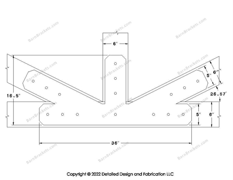 Fan Brackets for 6 inch beams - 5 inch Large offset bottom joint - Chamfered - Centered style holes - BarnBrackets.com