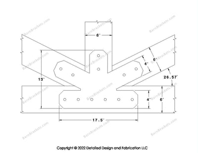 Fan Brackets for 6 inch beams - 4 inch Regular centered joint - Chamfered - Centered style holes - BarnBrackets.com