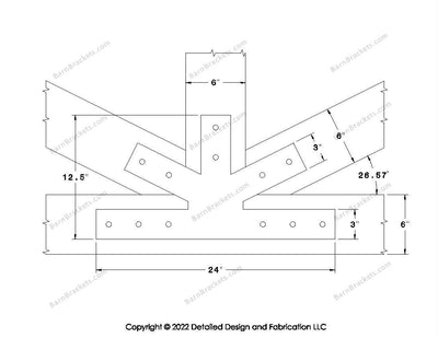 Fan Brackets for 6 inch beams - 3 inch Wide Centered joint - Square - Centered style holes - BarnBrackets.com