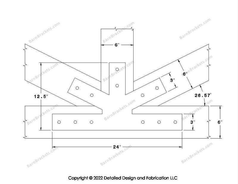 Fan Brackets for 6 inch beams - 3 inch Wide Centered joint - Square - Centered style holes - BarnBrackets.com