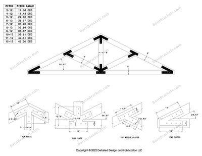 Steel post and beam truss bracket set for a 6/12 pitch roof.