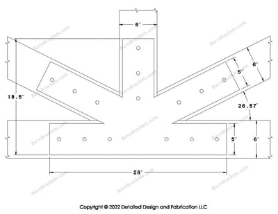 Fan Brackets for 6 inch beams - 5 inch Large centered joint - Square - Centered style holes - BarnBrackets.com