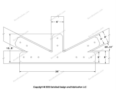 Fan Brackets for 6 inch beams - 5 inch Regular offset bottom joint - Chamfered - Centered style holes - BarnBrackets.com