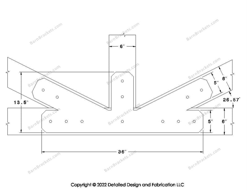 Fan Brackets for 6 inch beams - 5 inch Regular offset bottom joint - Chamfered - Centered style holes - BarnBrackets.com