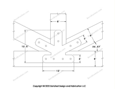 Fan Brackets for 6 inch beams - 3 inch Regular centered joint - Chamfered - Centered style holes - BarnBrackets.com