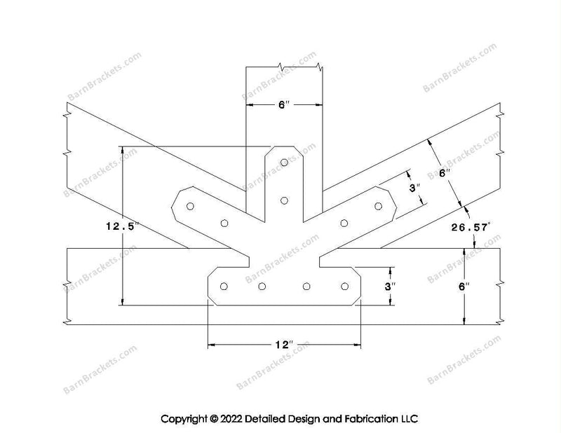 Fan Brackets for 6 inch beams - 3 inch Regular centered joint - Chamfered - Centered style holes - BarnBrackets.com