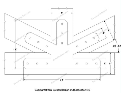 Fan Brackets for 8 inch beams - 4 inch Large centered joint - Chamfered - Centered style holes - BarnBrackets.com