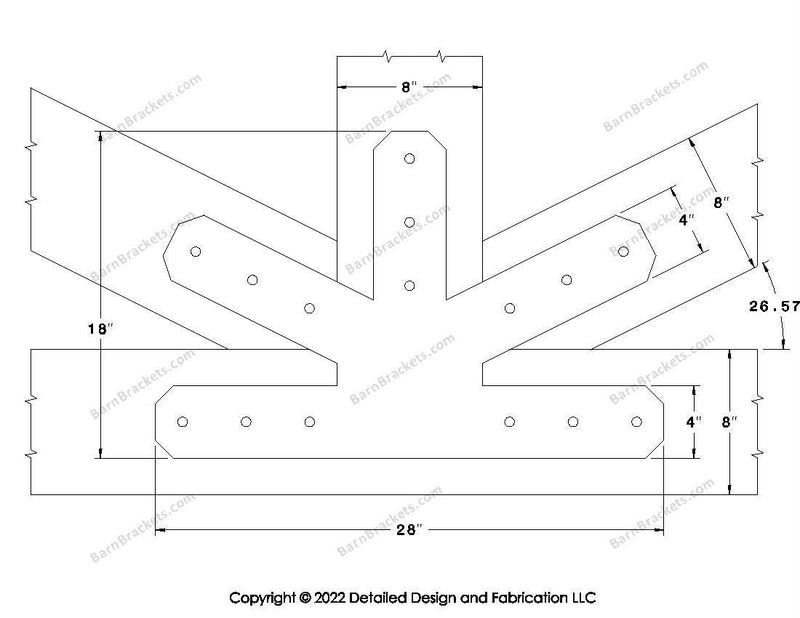 Fan Brackets for 8 inch beams - 4 inch Large centered joint - Chamfered - Centered style holes - BarnBrackets.com